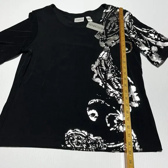 Chicos Travelers 3 Slinky Belinda Top Black Silver Liquid Knit Women US XL NWT - Picture 8 of 8